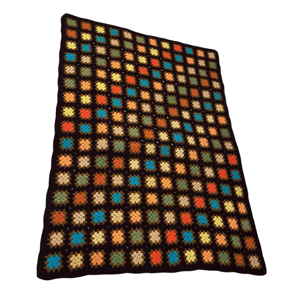 VTG Autumn Fall Crochet Granny Square‎ Afghan Multicolor Blanket 60x43